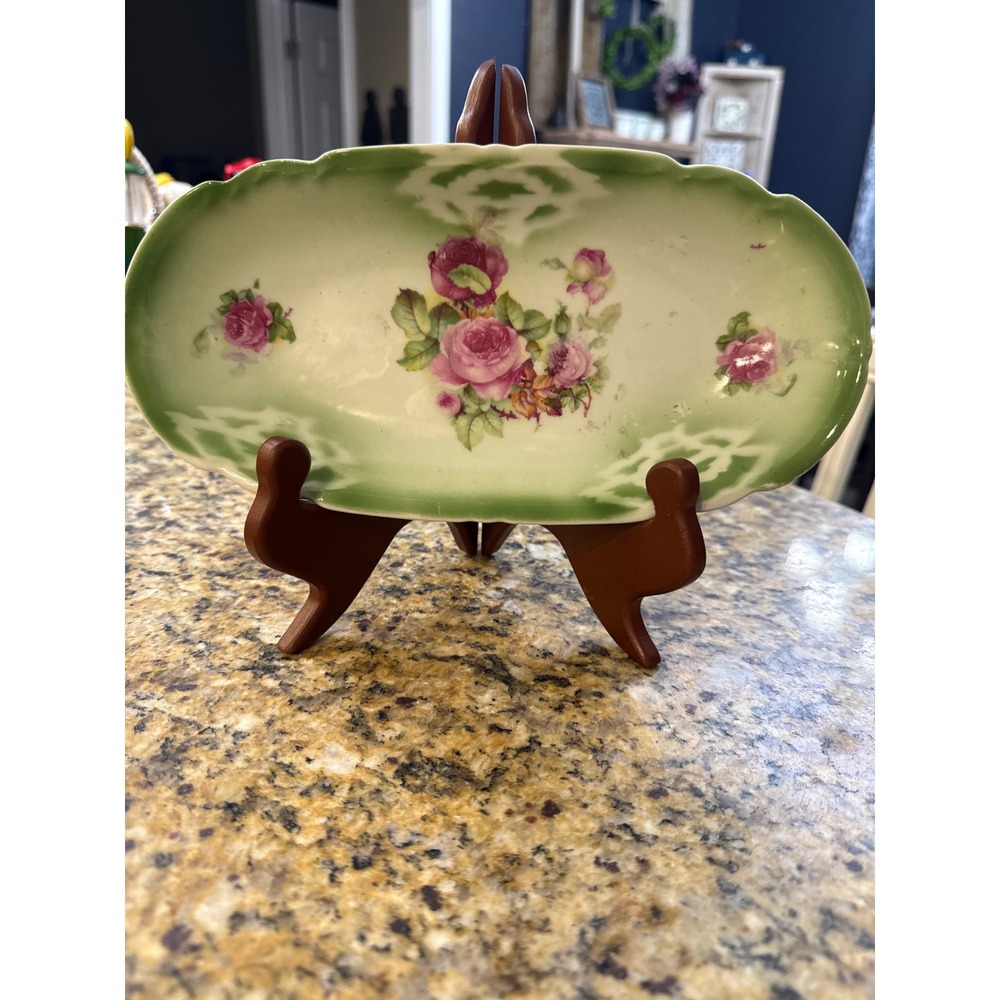 Vintage Germany 154 Porcelain Celery Dish Pink Rose Floral Green Scalloped Tray